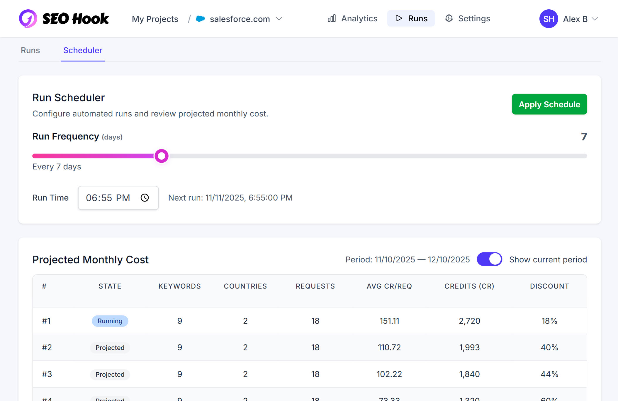 SERP scanning schedule screenshot